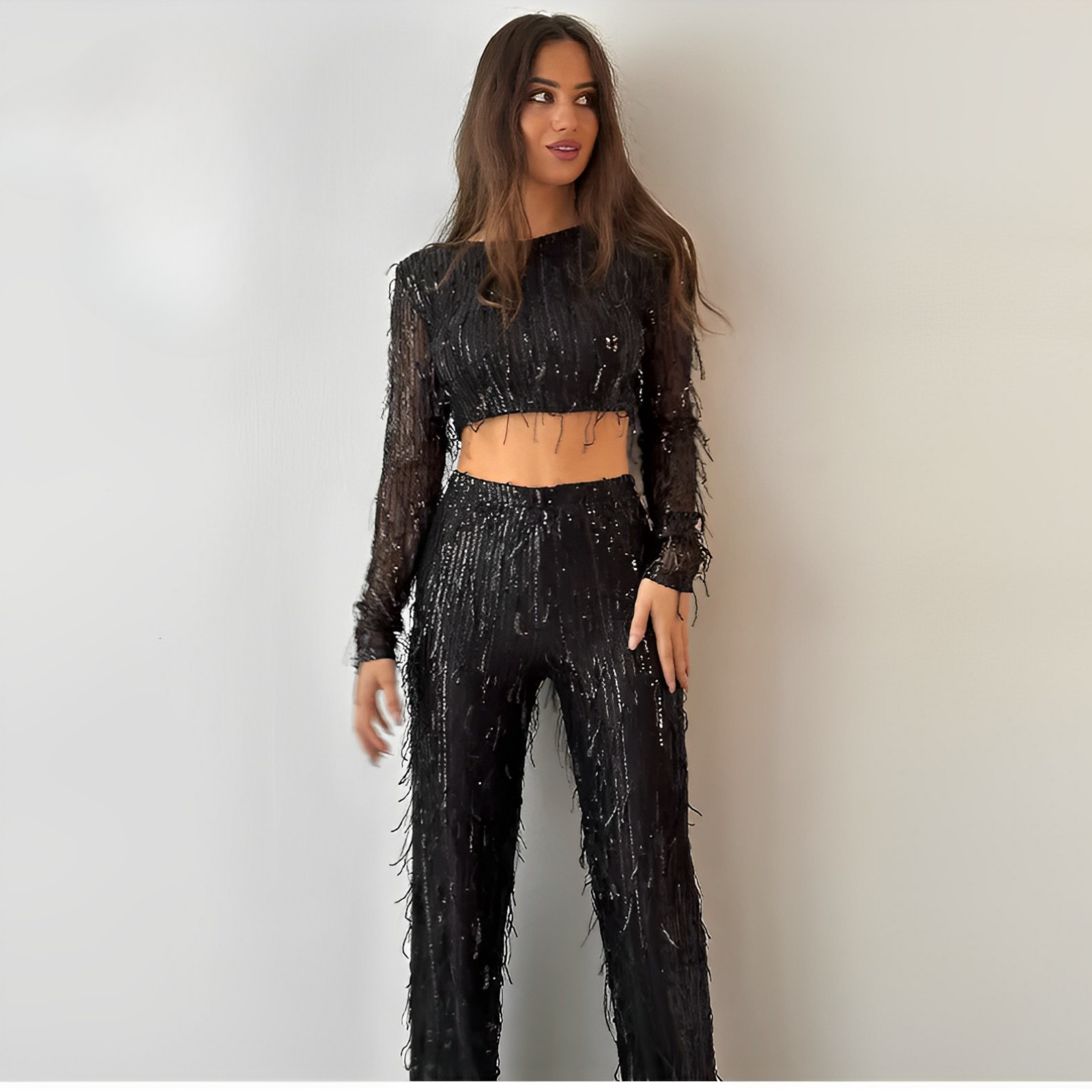 Women's Sequin Set - Cropped Top and Wide-Leg Pants for Glamorous Occasions 6