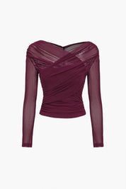 Women's Sheer Mesh Top - Elegant Going Out Top with Ruching Details 0