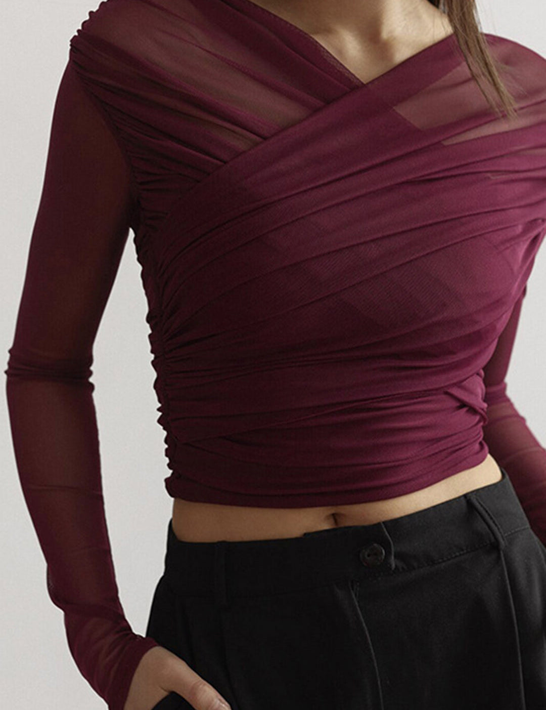 Women's Sheer Mesh Top - Elegant Going Out Top with Ruching Details 1