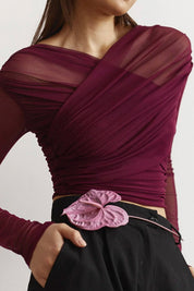 Women's Sheer Mesh Top - Elegant Going Out Top with Ruching Details 2