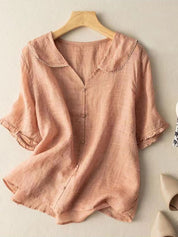 Women's Short Sleeve Cotton and Linen Shirt 0