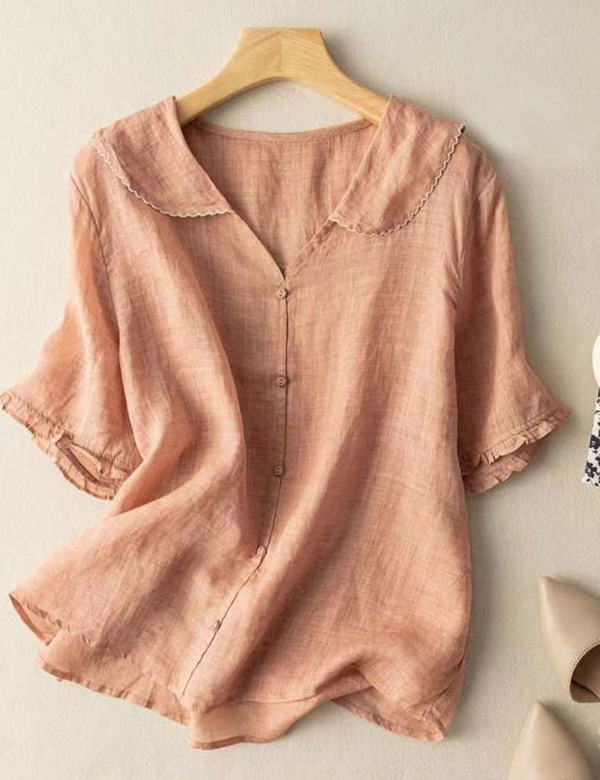 Women's Short Sleeve Cotton and Linen Shirt 0