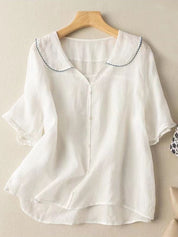 Women's Short Sleeve Cotton and Linen Shirt 1