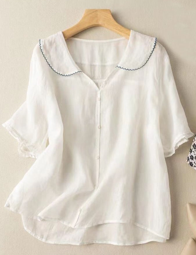 Women's Short Sleeve Cotton and Linen Shirt 1