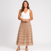 Women's Tulle Maxi Skirt - Elegant Layered Design with Elastic Waistband