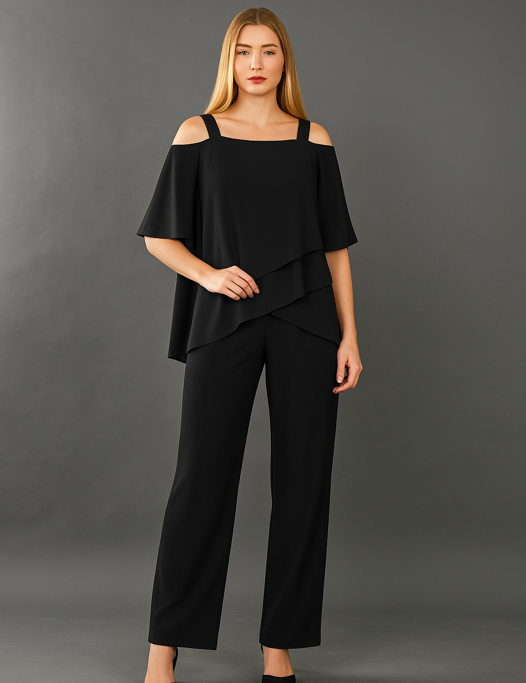Women's Two Piece Formal Outfit - Elegant Off-Shoulder Top & Wide-Leg Pants 0