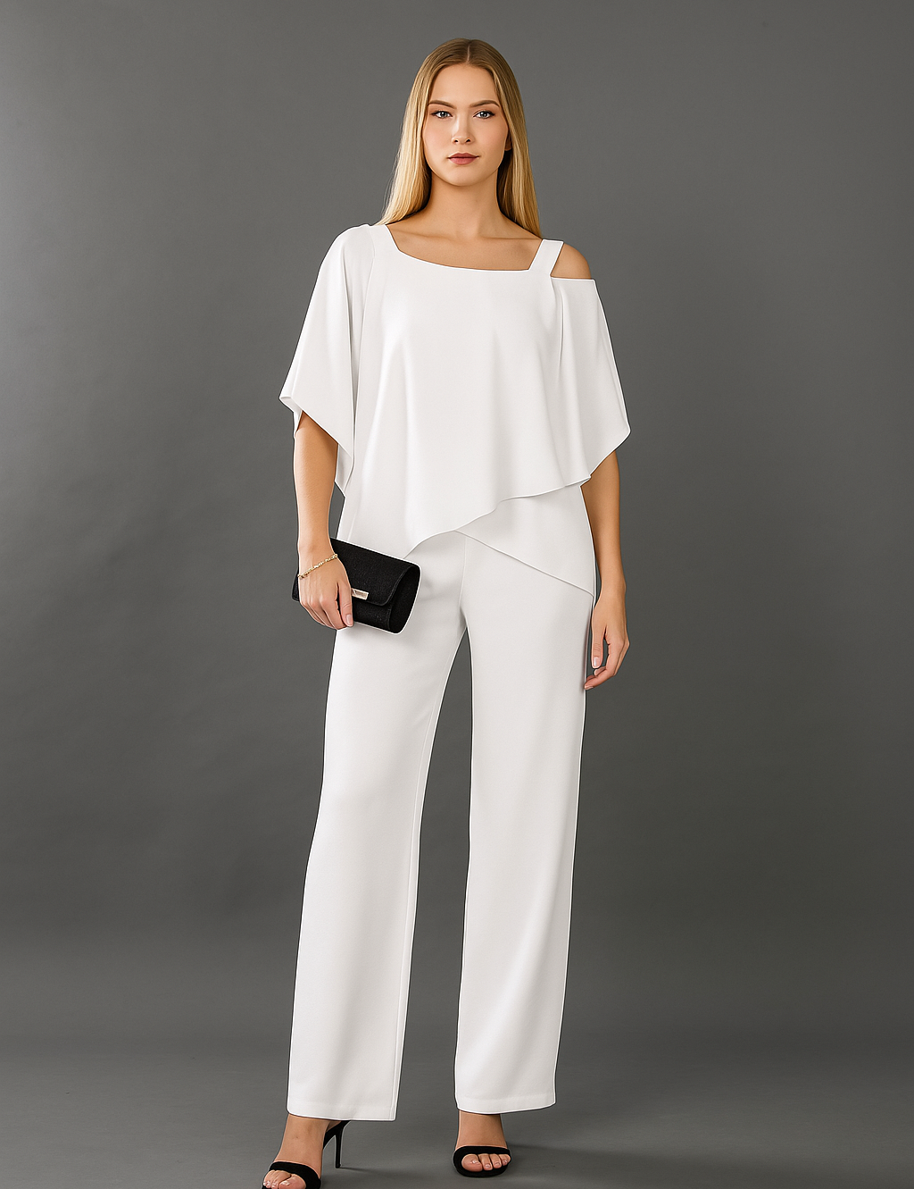 Women's Two Piece Formal Outfit - Elegant Off-Shoulder Top & Wide-Leg Pants 1