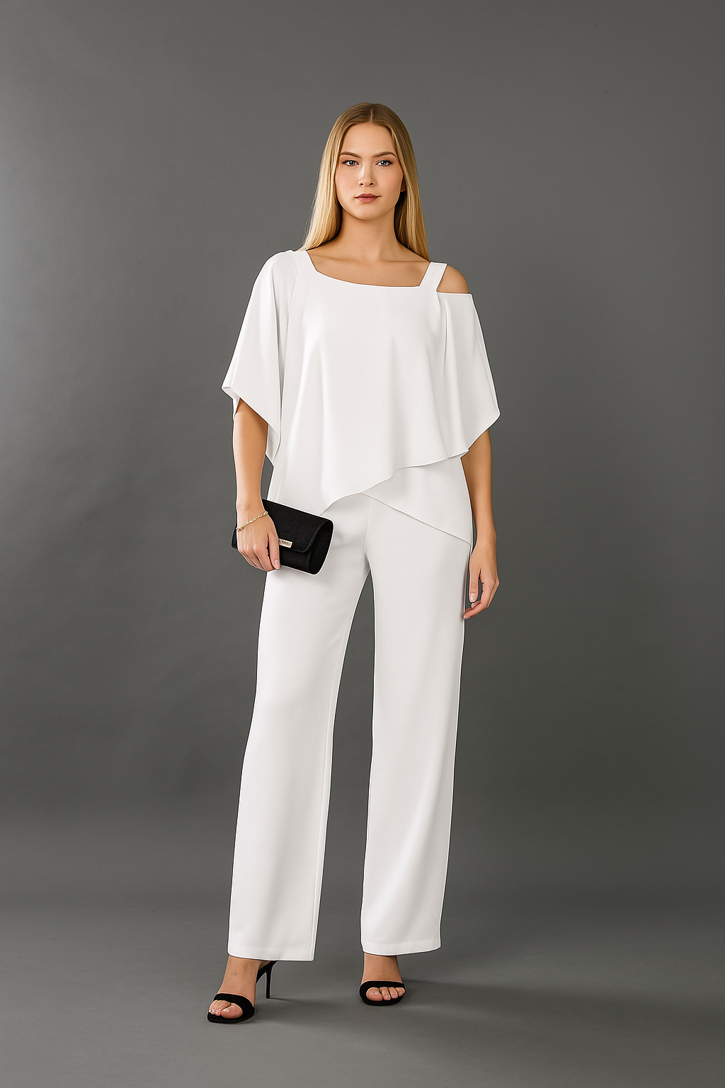 Women's Two Piece Formal Outfit - Elegant Off-Shoulder Top & Wide-Leg Pants 1