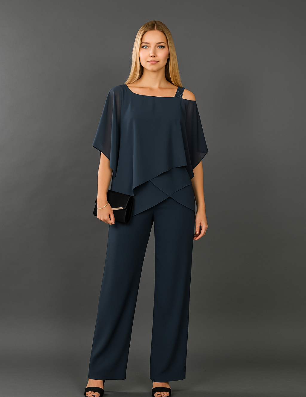 Women's Two Piece Formal Outfit - Elegant Off-Shoulder Top & Wide-Leg Pants 2