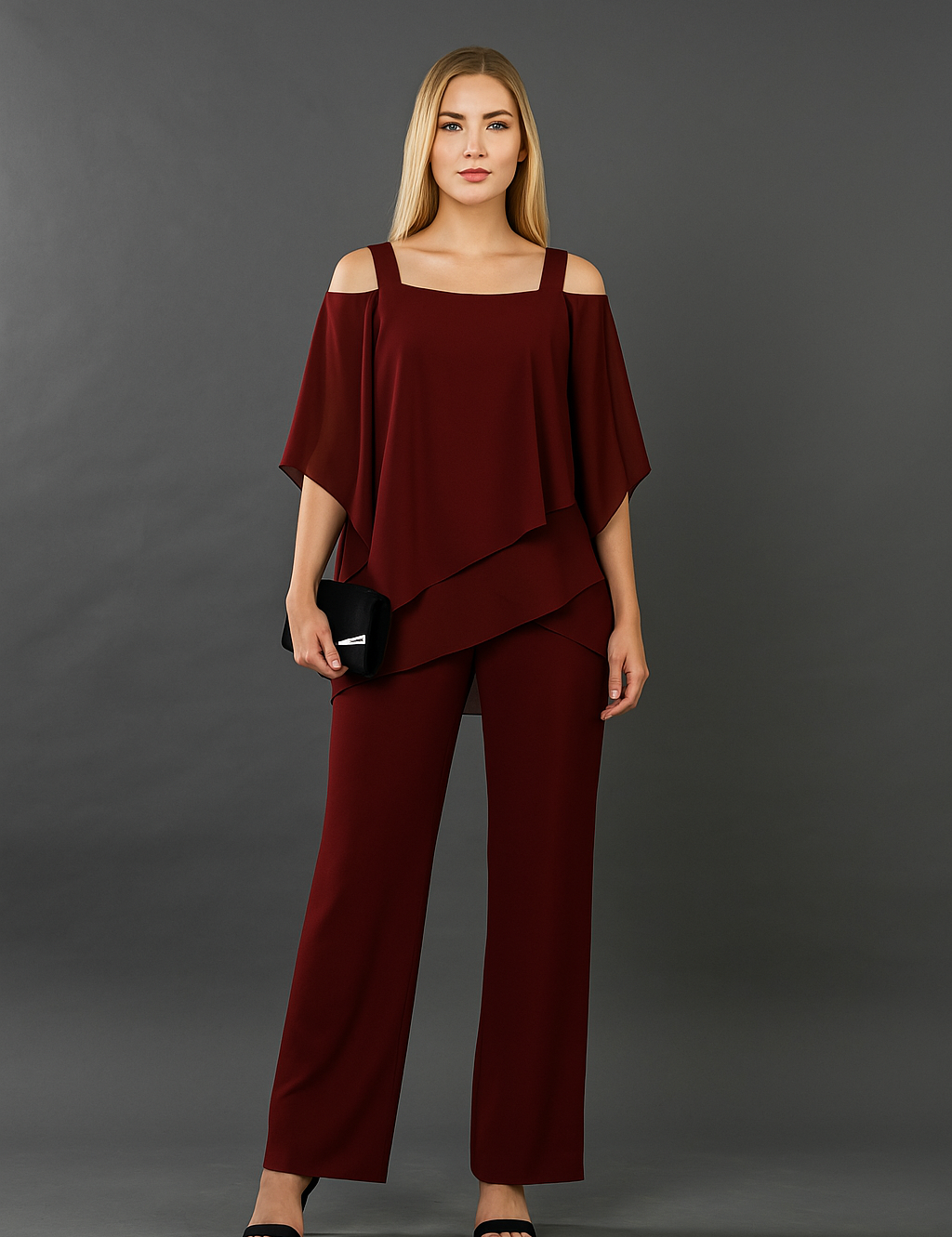 Women's Two Piece Formal Outfit - Elegant Off-Shoulder Top & Wide-Leg Pants 4