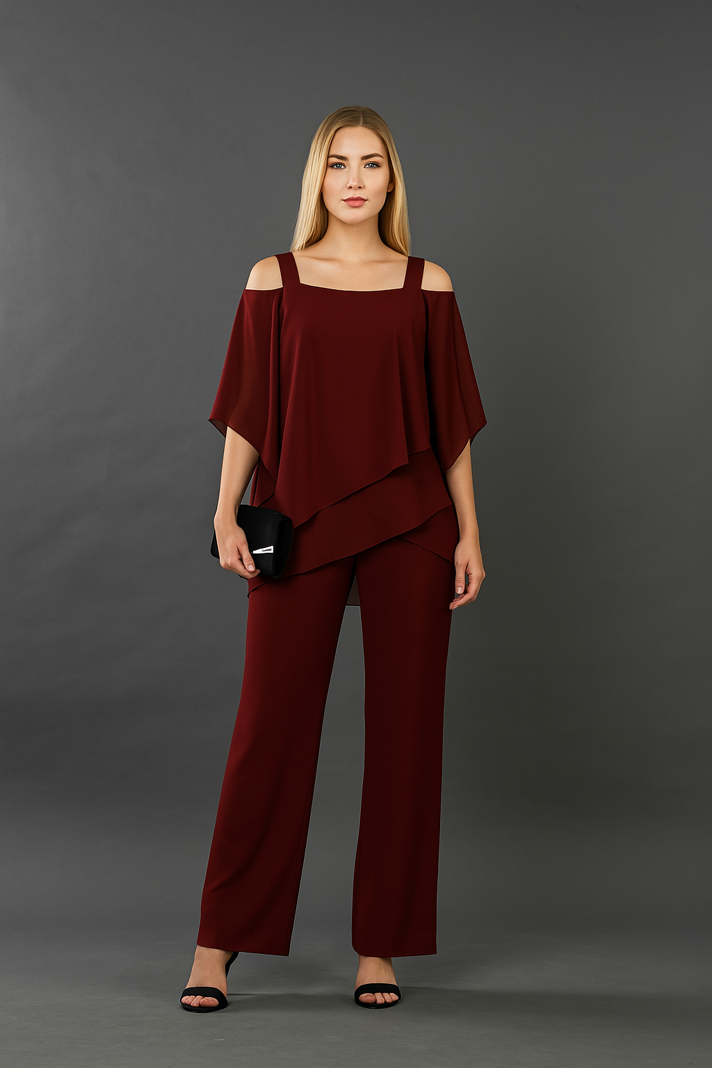 Women's Two Piece Formal Outfit - Elegant Off-Shoulder Top & Wide-Leg Pants 4