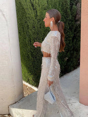 Women's Two Piece Sequin Set with Cropped Top and Wide-Leg Pants 1