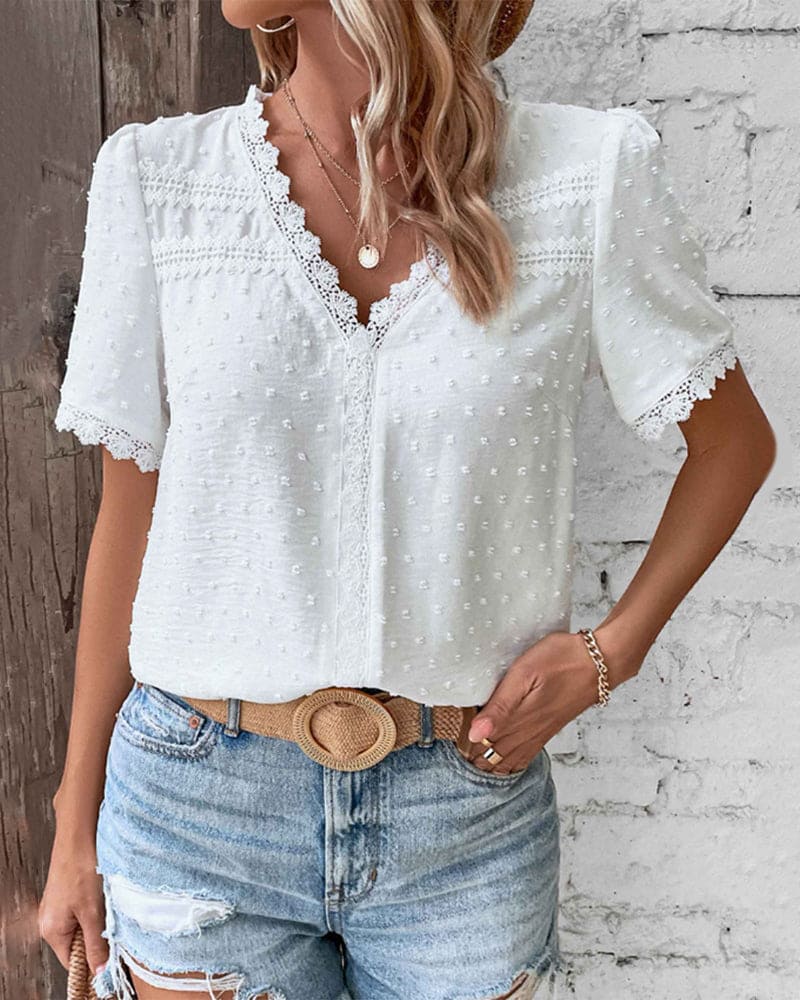 Women's V-Neck Blouse - Stylish Summer Tops for Women with Elegant Patchwork 1