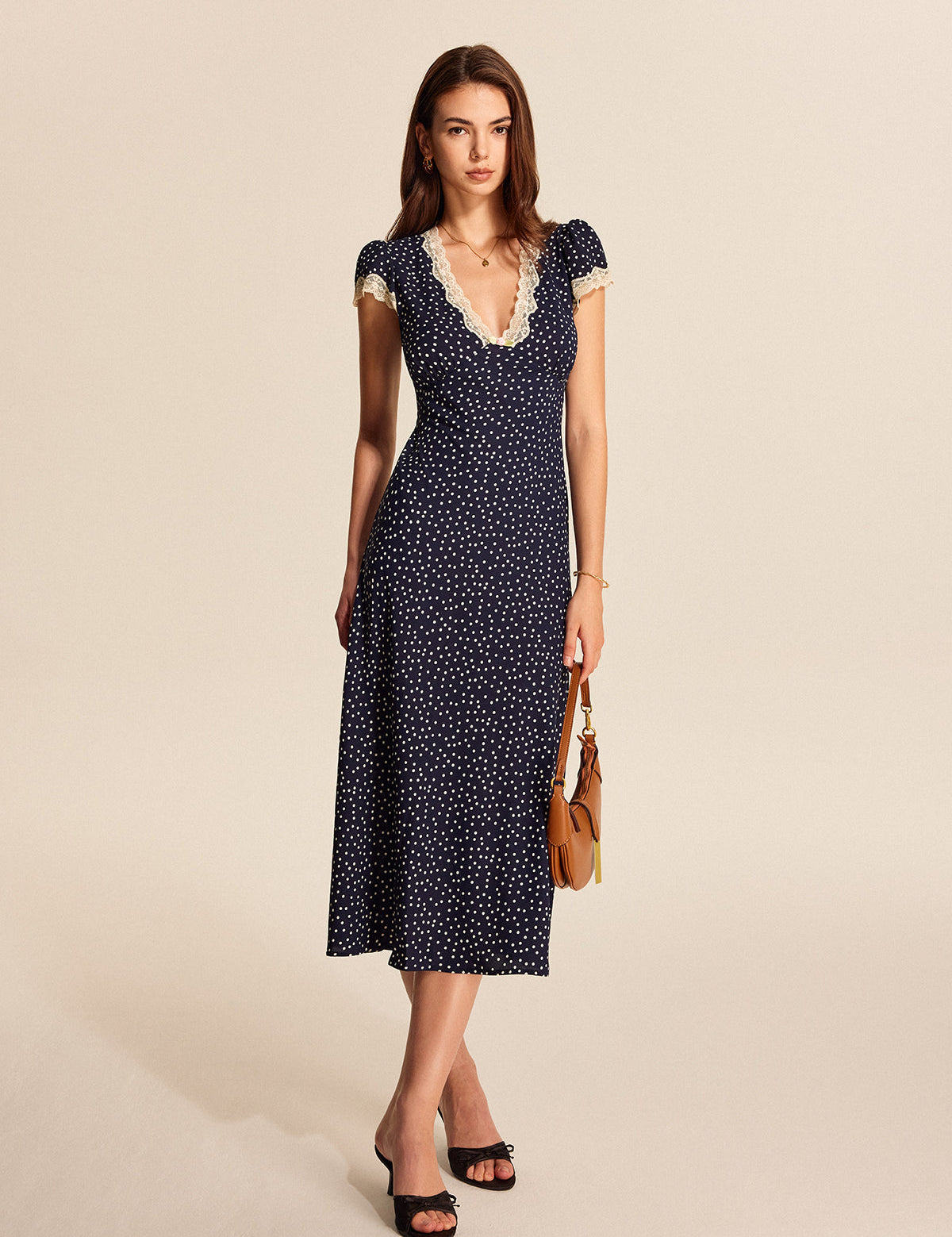 Women's Vintage Polka Dot Midi Dress - Summer Dress with Puff Sleeves 1