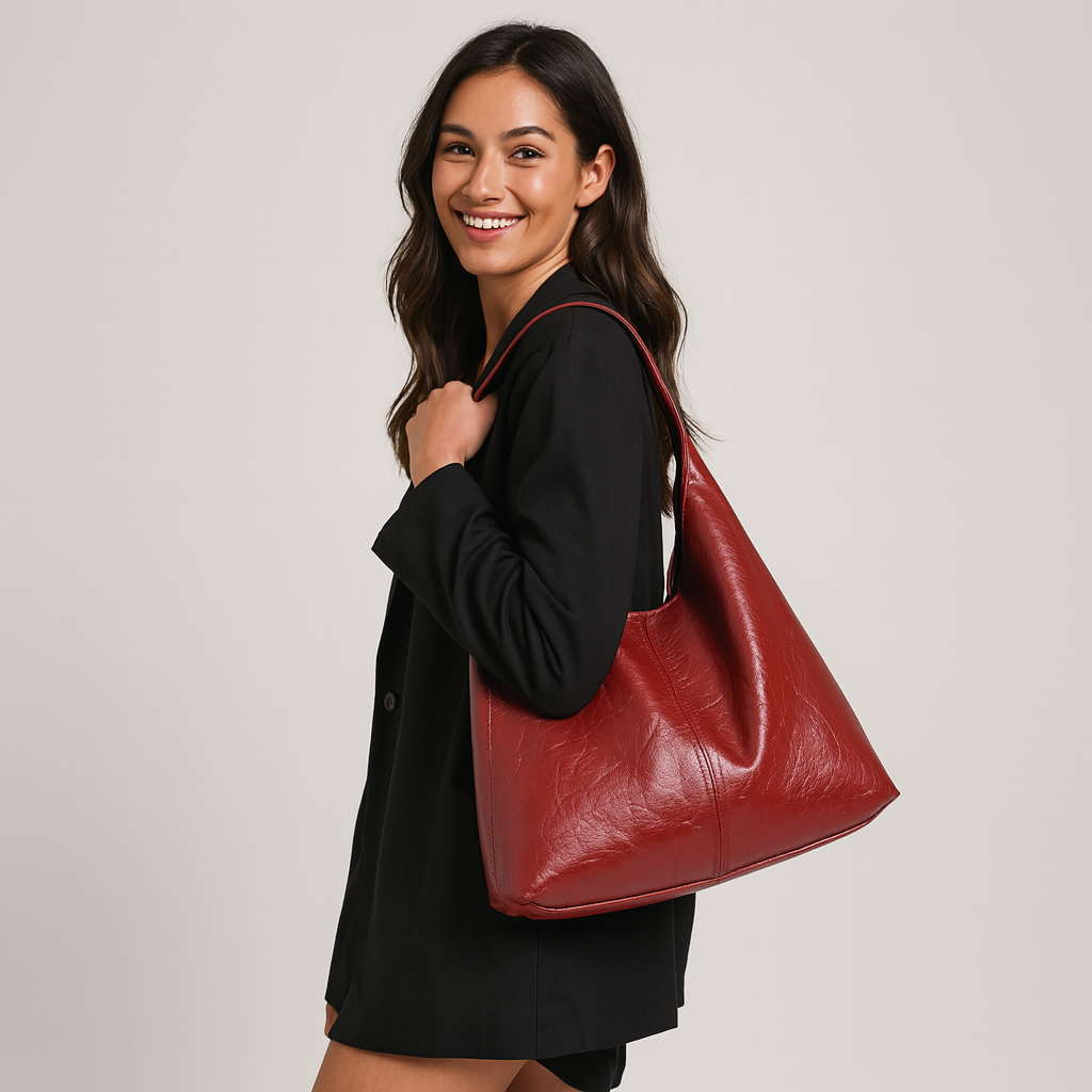 Woman holding a red handbag against a plain background