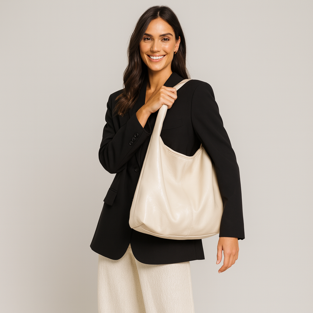 Woman holding a beige tote bag against a plain background