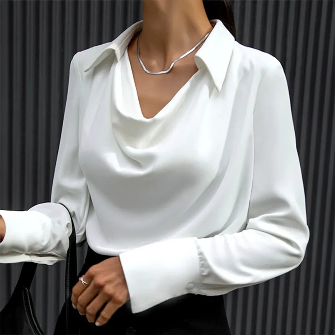 Women's White Blouse with Cowl Neck - Elegant Satin-Like Fabric 3