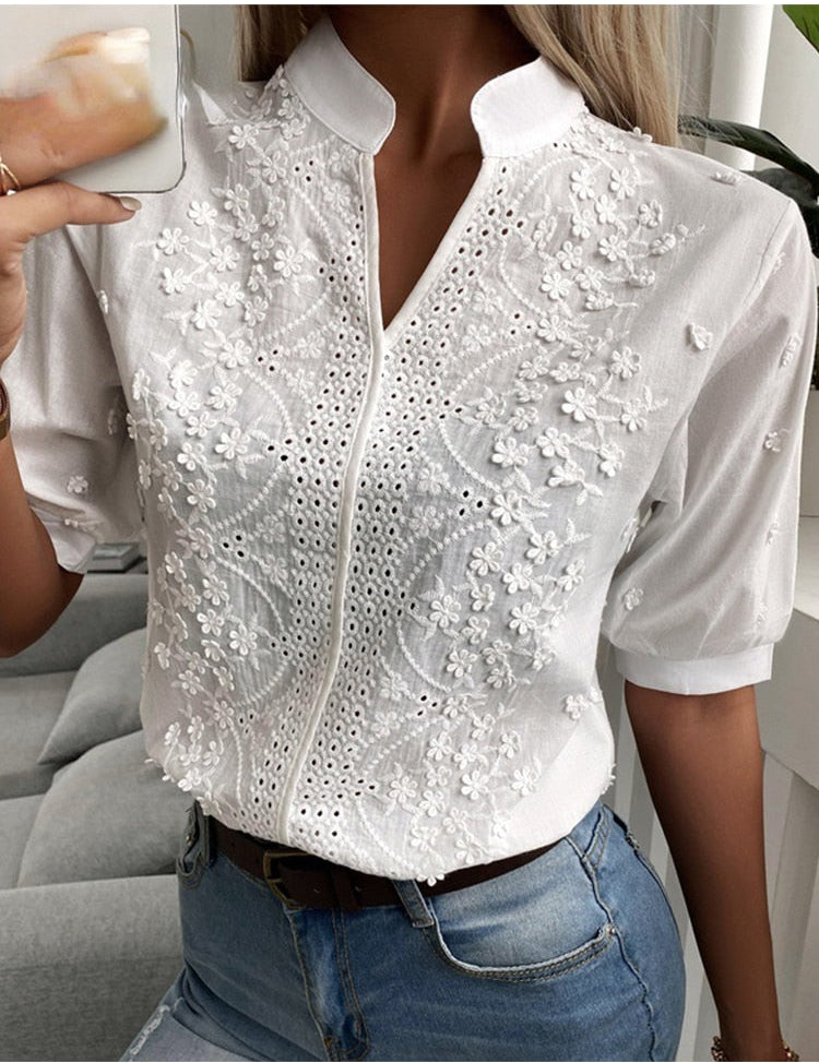 Women's White Cotton Blouse - Long Sleeve Tops for Versatile Style 0
