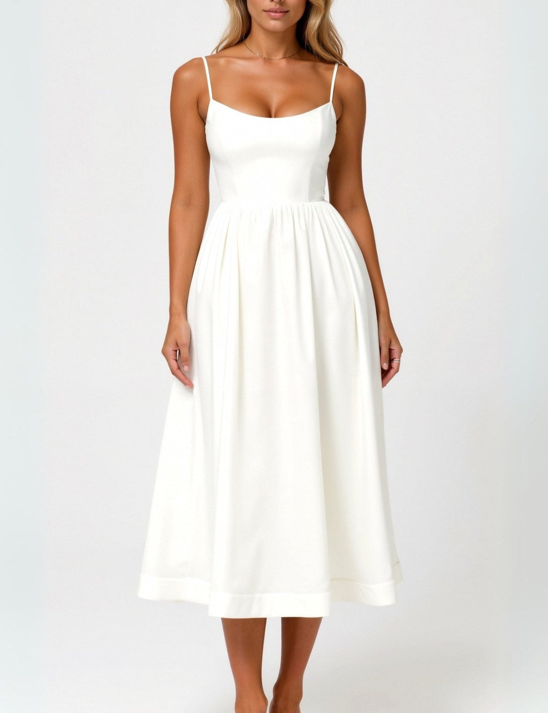 Women's White Midi Dress - Lightweight Summer Dress with Flowing Design 0