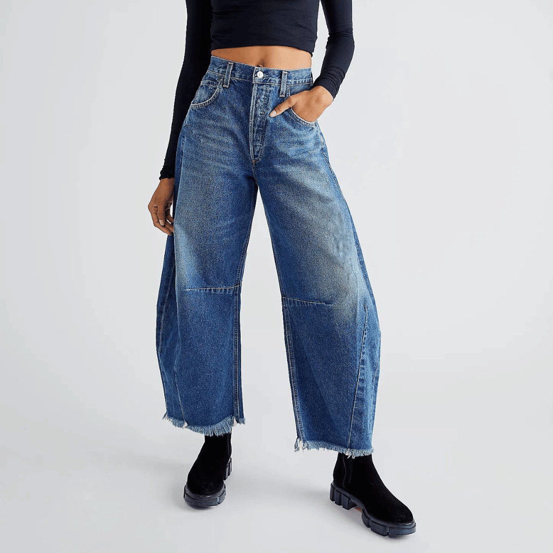 Women's Wide Leg Jeans - High-Rise Denim with Vintage Acid-Wash Finish 0