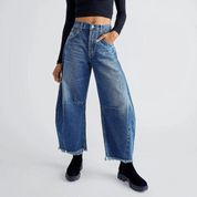 Women's Wide Leg Jeans - High-Rise Denim with Vintage Acid-Wash Finish 0