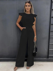 Women's Wide Leg Jumpsuit with Ruffle Sleeves 0