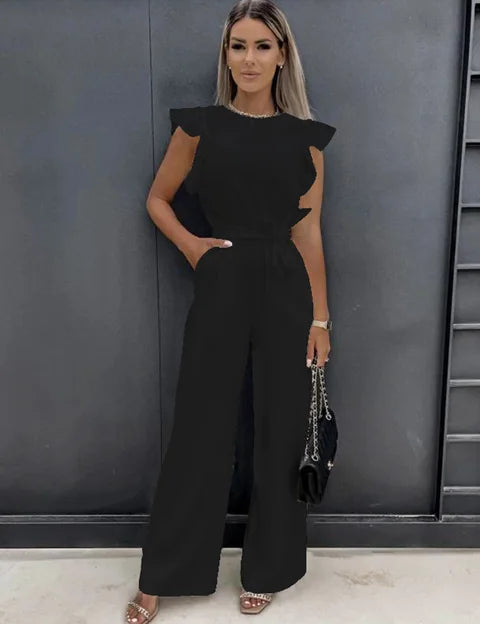 Women's Wide Leg Jumpsuit with Ruffle Sleeves 0