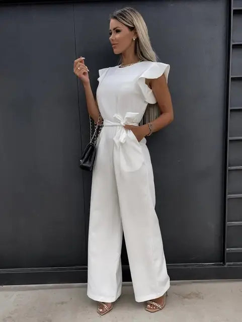 Women's Wide Leg Jumpsuit with Ruffle Sleeves 4