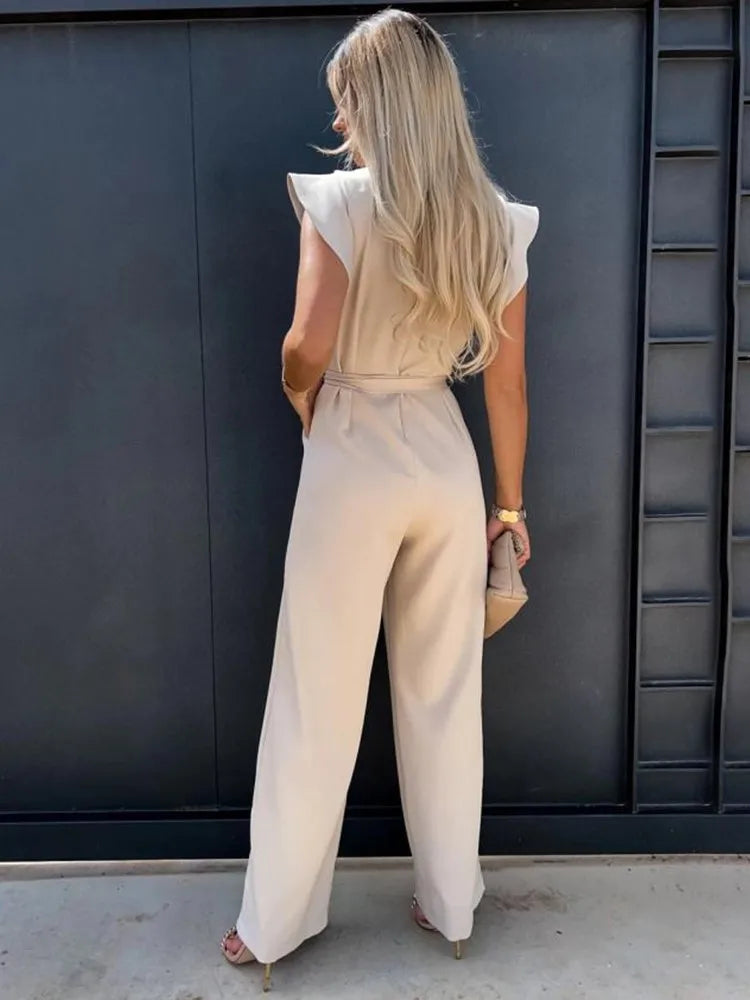 Women's Wide Leg Jumpsuit with Ruffle Sleeves 6