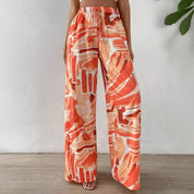 Women's Wide Leg Pants with Abstract Print - Comfortable Elastic Waist 0