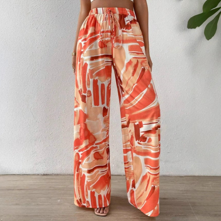 Women's Wide Leg Pants with Abstract Print - Comfortable Elastic Waist 0