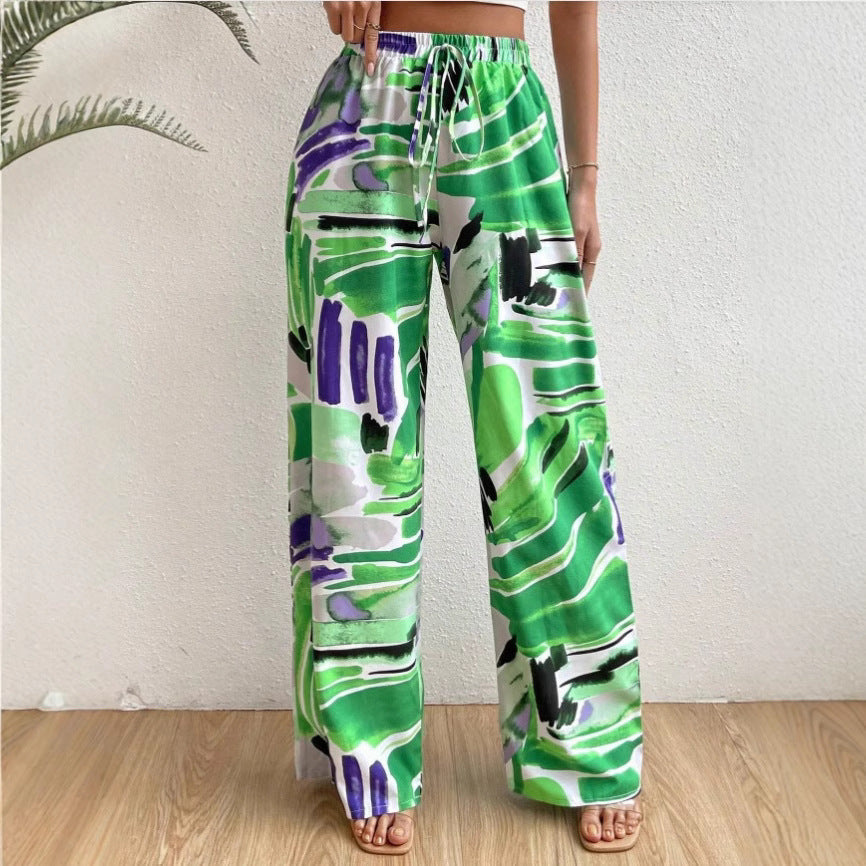 Women's Wide Leg Pants with Abstract Print - Comfortable Elastic Waist 2
