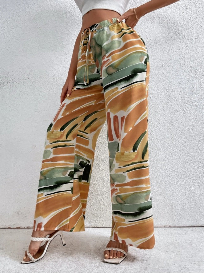 Women's Wide Leg Pants with Abstract Print - Comfortable Elastic Waist 3