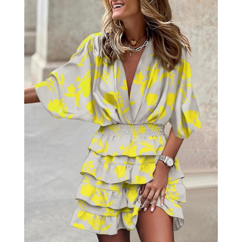 Anna V-Neck Tiered Ruched Mini Summer Dress