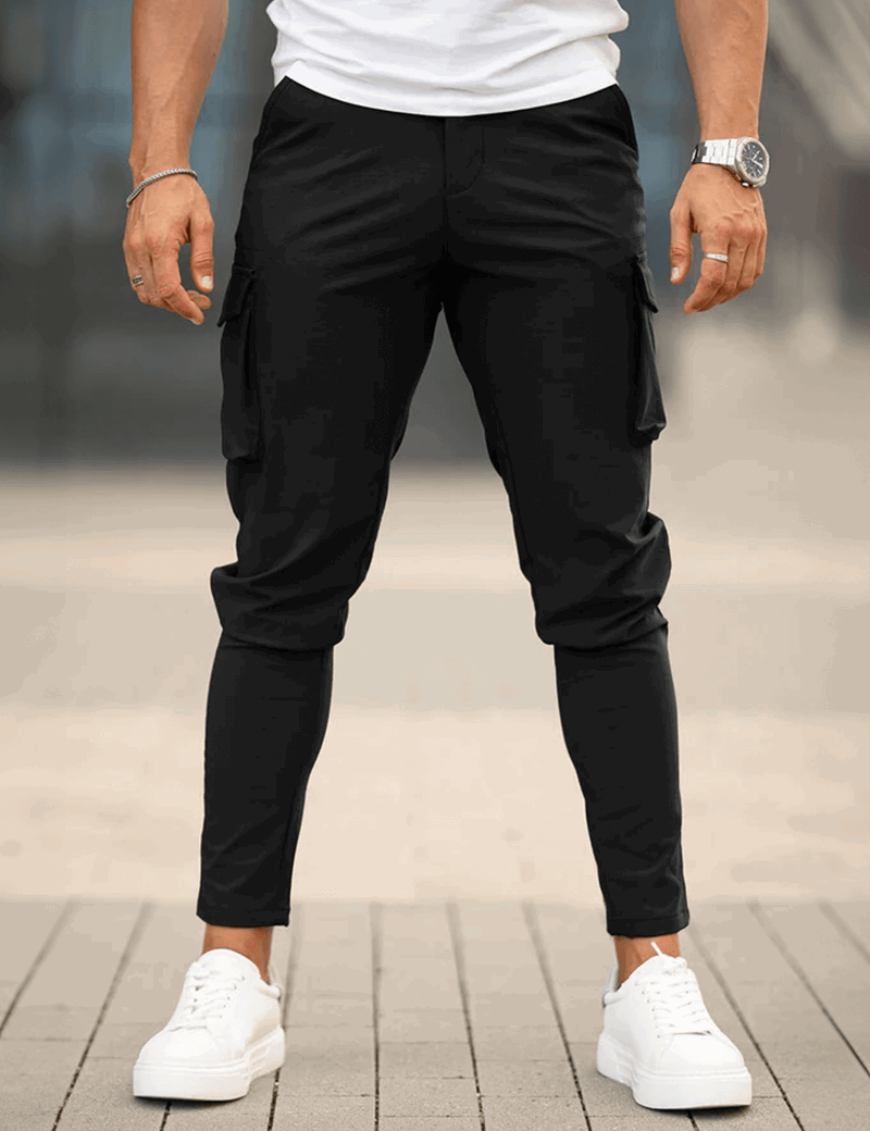 Men's Black Cargo Pants - Casual Utility Trousers with Multiple Pockets-1