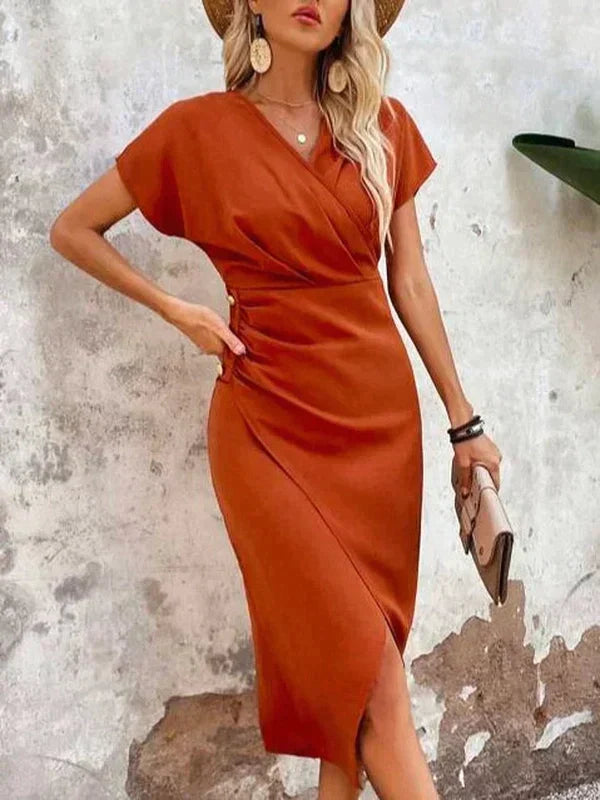 Kelsey Orange V-Neck Midi Dress