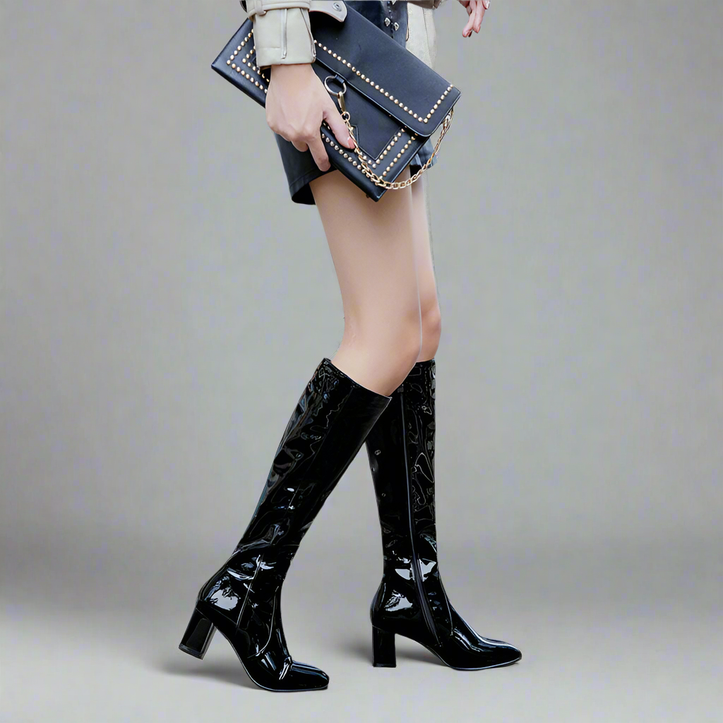 Women's Knee High Glossy Black Leather Boots
