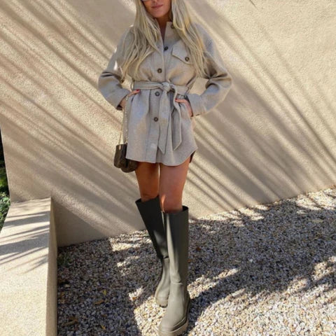 Women's Wool Coat - Medium-Length Winter Coat for Women with Belt and Button Closure-2