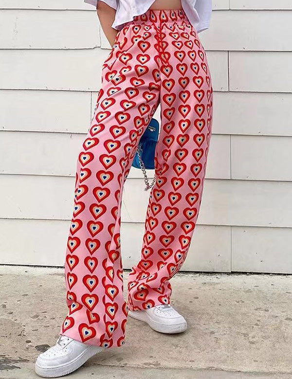 Variant image for Women's Heart Print Wide Leg Pants - Lightweight Casual Trousers for Spring Summer-1