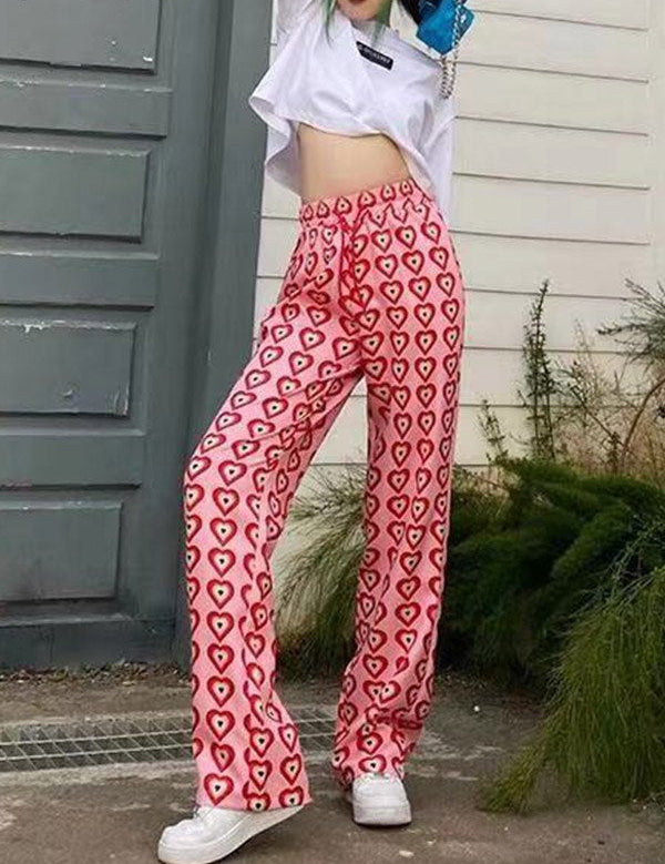Women's Heart Print Wide Leg Pants - Lightweight Casual Trousers for Spring Summer-2